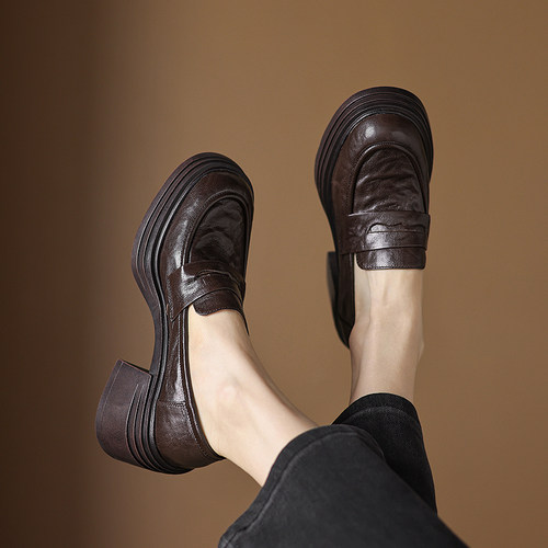 羊皮小皮鞋增高单鞋通勤乐福鞋