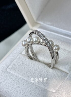 芭家珠宝 星云 M家交叉日本akoya海水珍珠925纯银开口可调节戒指
