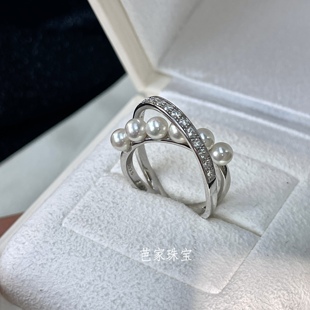 芭家珠宝 M家交叉日本akoya海水珍珠925纯银开口可调节戒指 星云