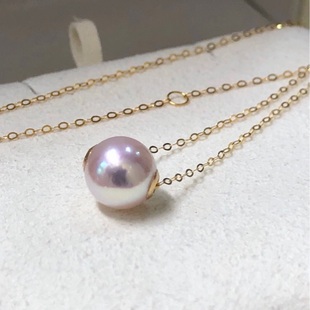 芭家 镜面樱花粉日本akoya海水珍珠8.5mm18k金项链现货 路路通