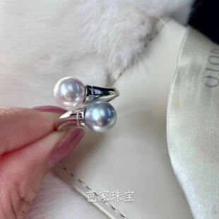 芭家珠宝 双珠 日本akoya海水珍珠真多麻925纯银可调节戒指特