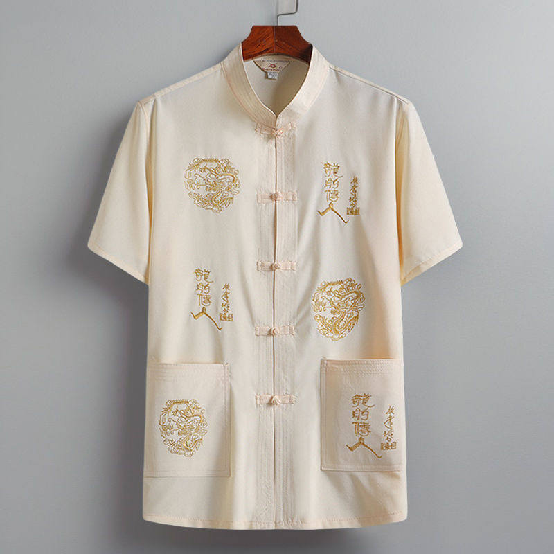夏季中老年男士唐装爸爸刺绣龙中国风爷爷短袖汉服民族风男式衬衫,男装,中山装,淘宝优惠券,粉丝福利购,淘宝优惠卷