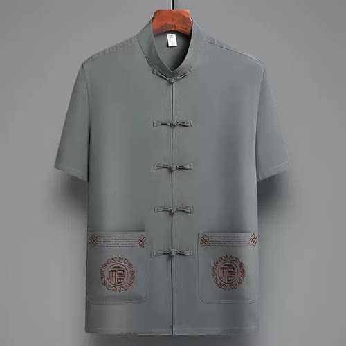 中老年人唐装男中国风夏季薄款短袖冰丝立领老人衣服爷爷生日夏装