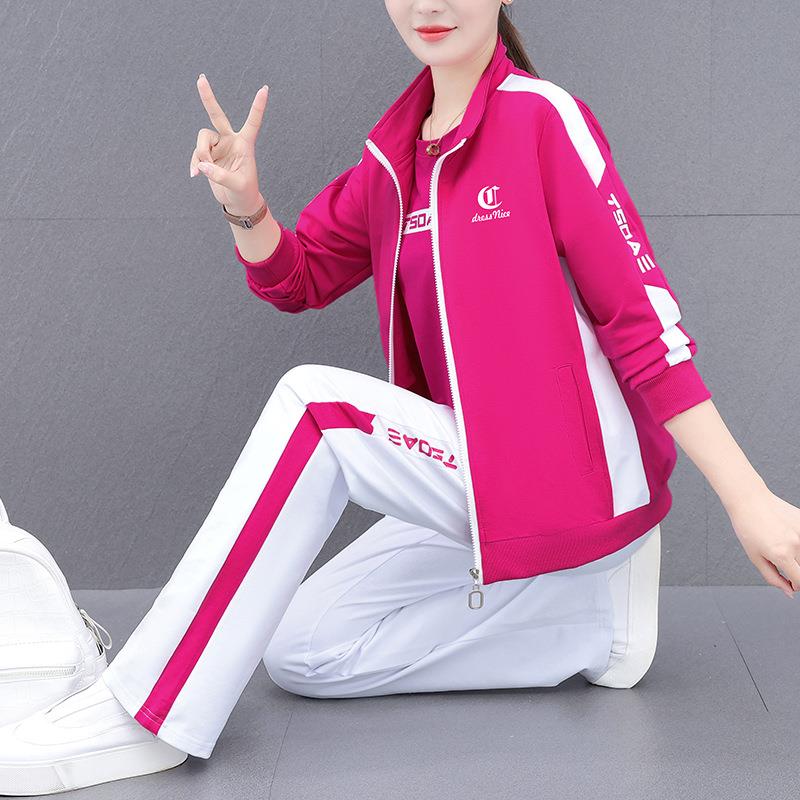 运动套装女春秋季2025新款时尚减龄宽松妈妈休闲跑步服三件套跨境