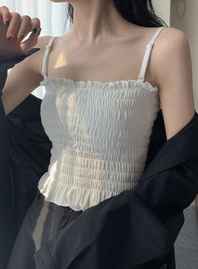 白色木耳抽褶小吊带背心女夏百搭抹胸上衣外穿少女学生防走光裹胸