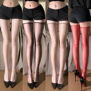 0D极光油亮波点黑丝袜女超薄款性感高筒半截过膝袜纯欲油光长筒袜