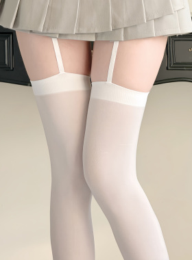 日系简约白丝过膝袜春秋薄款天鹅绒白色吊带袜少女甜美jk大腿袜子