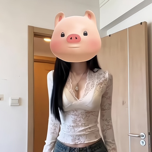 法式设计感镂空白色V领蕾丝打底衫女款春夏纯欲性感修身长袖内搭