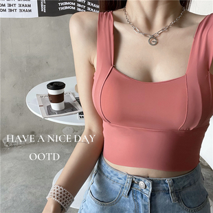 带胸垫上衣纯色修身 方领运动背心女夏外穿简约短款 冰丝美背文胸薄
