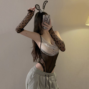 辣妹装黑色蕾丝镂空透明低胸吊带女性感上衣欲纯火辣诱惑连体内衣