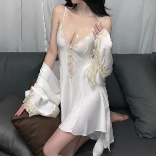 复古v领冰丝吊带睡裙+缎面睡袍纯欲网红睡衣女性感家居服套装夏天