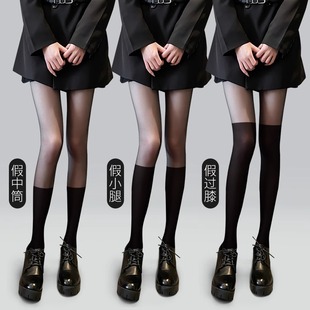 黑色拼接丝袜女薄款jk拼色光腿神器小腿黑丝假过膝半截打底连裤袜