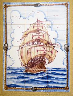 帆船陶瓷壁画海航主题餐厅新品纯手工定制瓷砖拼画葡式蓝白风格卫