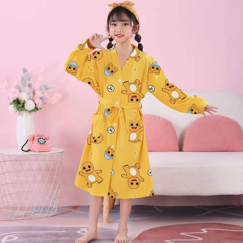 女童睡袍春秋夏款精梳棉儿童浴袍薄款睡衣可爱乃龙女中大童家居服