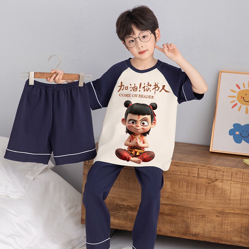 儿童睡衣夏季男童纯棉三件套短袖薄款男孩哪吒可爱卡通家居服套装