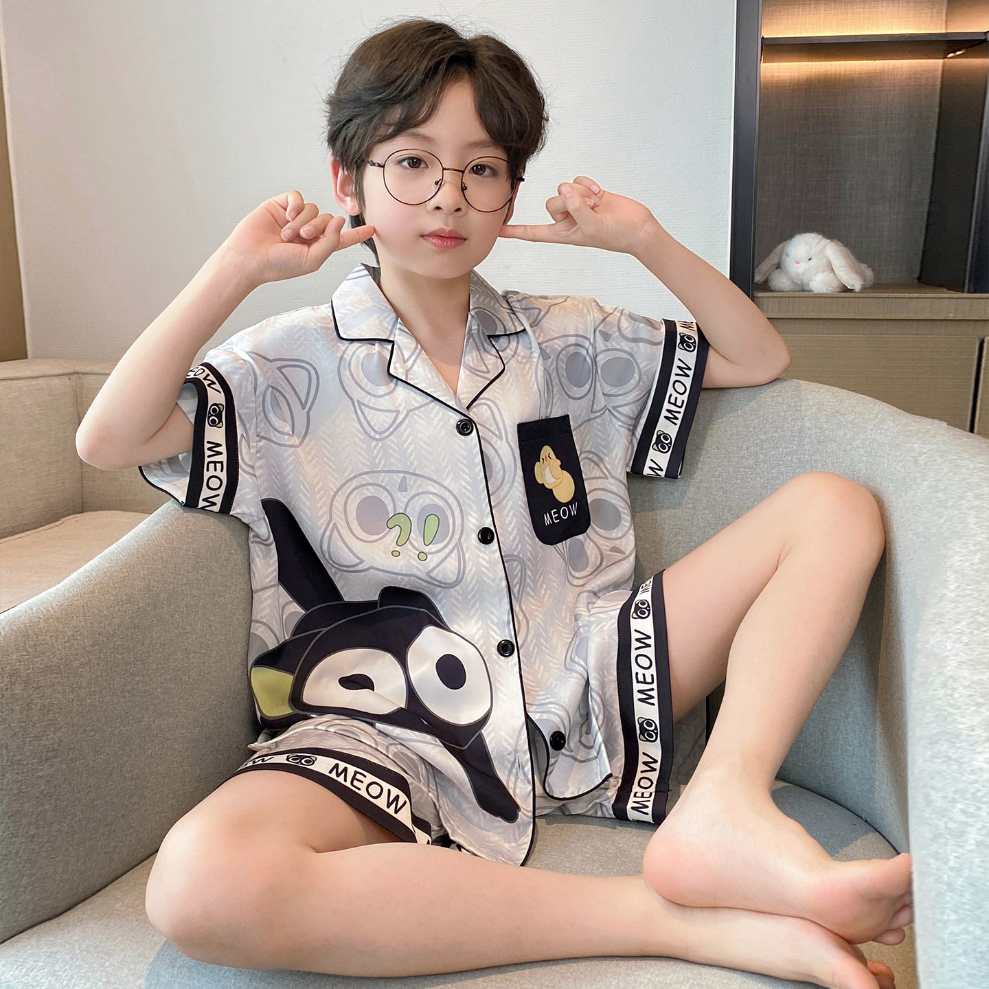 儿童冰丝空调服睡衣2026新款男童夏季短袖中大童6-12岁家居服套装