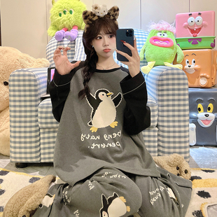 女童睡衣2026春秋款纯棉初中生卡通女大童长袖圆领企鹅家居服套装