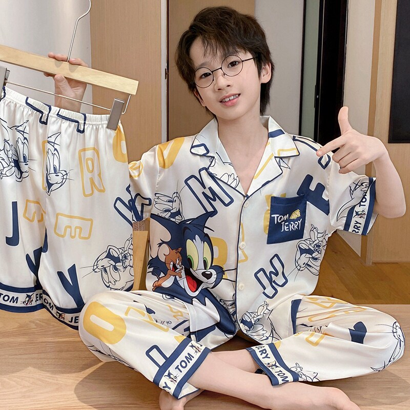 夏季冰丝男童睡衣凉感短袖猫和老鼠男孩中大童家居服三件套套装
