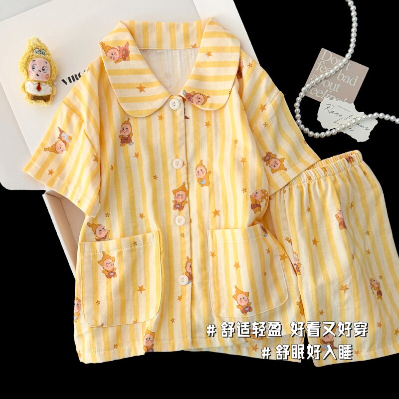 女童睡衣夏季新款纯棉短袖翻领薄款棉纱中大童女孩卡通家居服套装