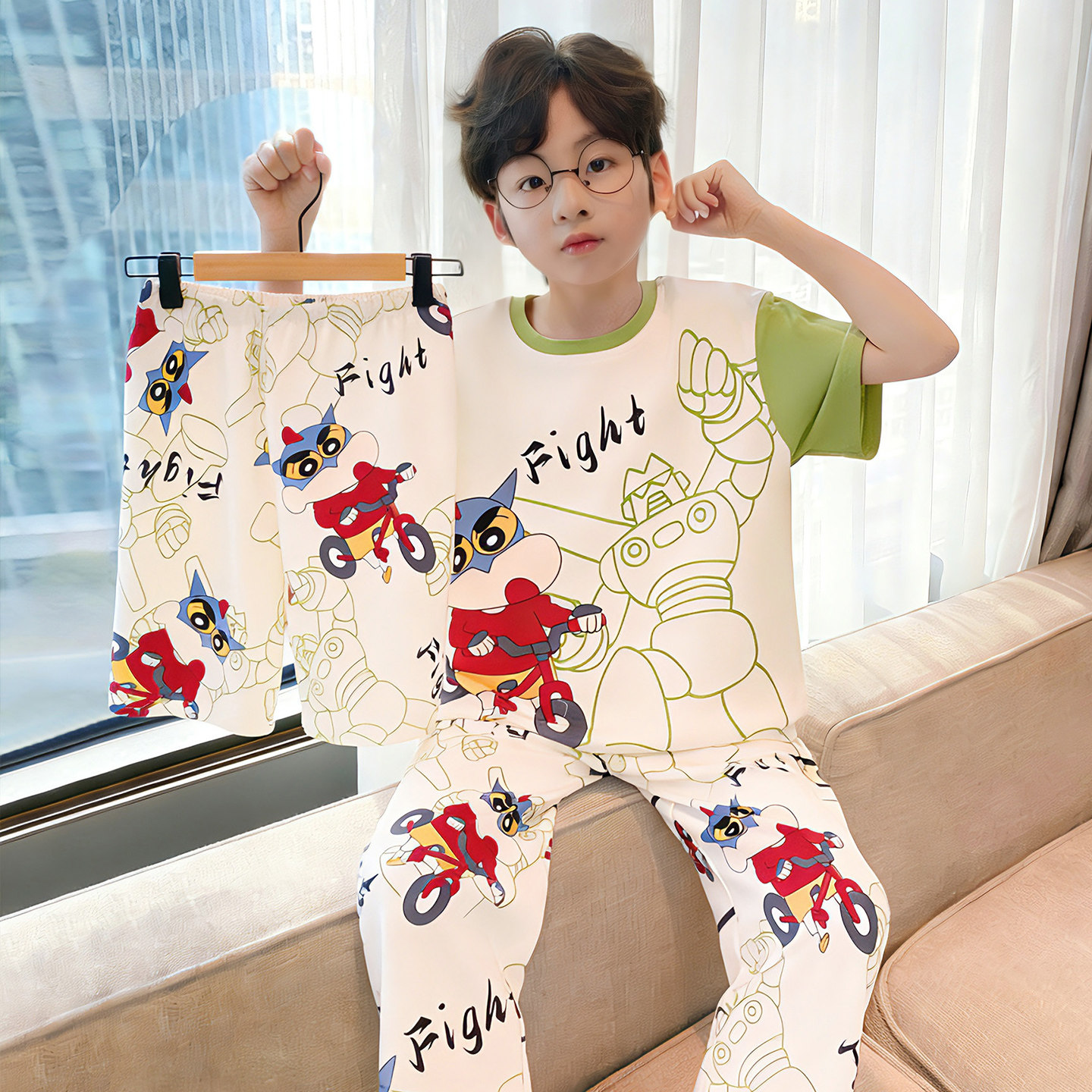 儿童睡衣2026新款夏季款男童短袖纯棉卡通三件套中大童家居服套装