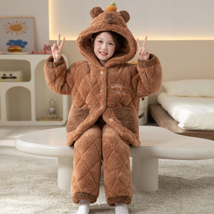 女童睡衣三层夹棉加厚珊瑚绒中大童连帽女孩家居服套装可外穿冬季