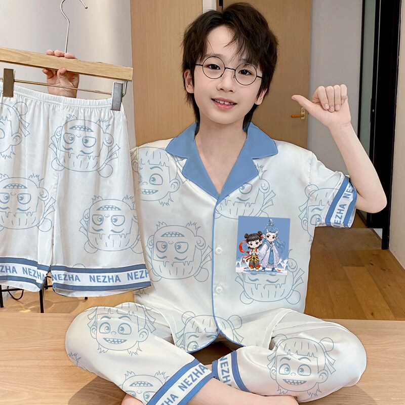 2026夏季新款冰丝男童睡衣凉感短袖家居服男孩中大童三件套套装