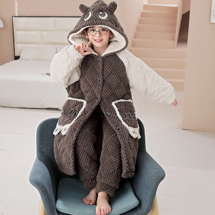 男童睡衣冬季三层夹棉加厚珊瑚绒可外穿男孩中长款家居服套装睡袍