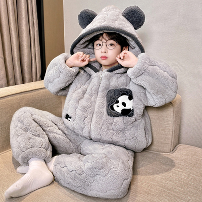 男童睡衣冬季加厚款三层夹棉新款珊瑚绒男孩卡通家居服套装可外穿