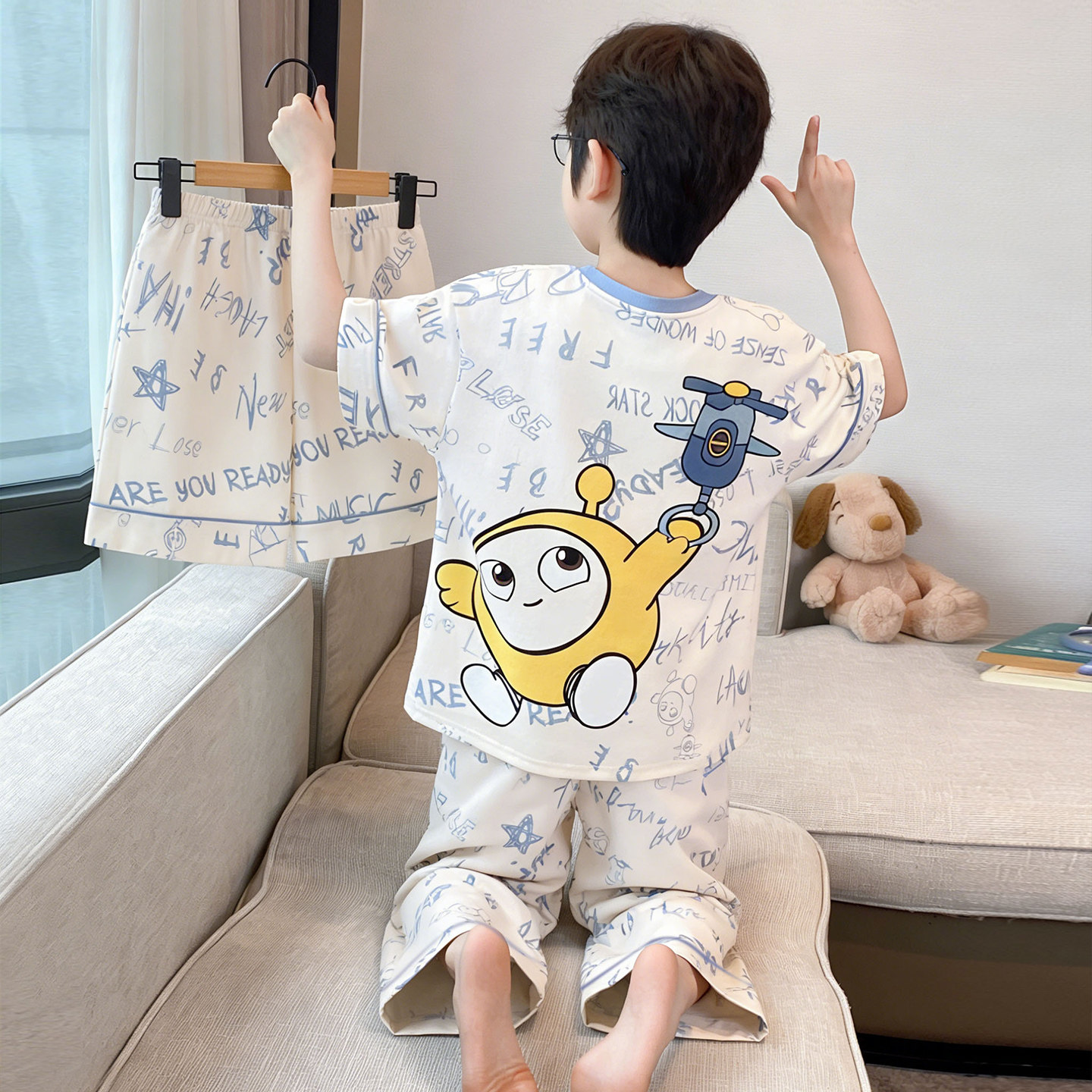 男童短袖长裤睡衣2026年新款夏季纯棉蛋仔三件套中大童家居服套装