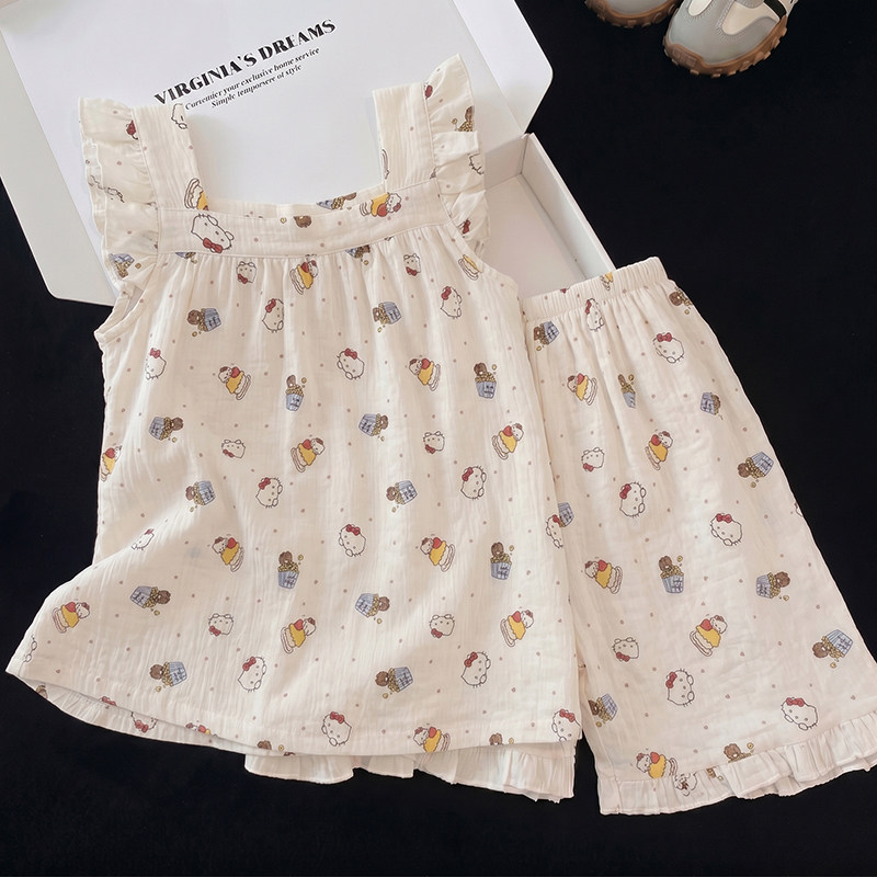 女童睡衣夏季新款吊带套装云朵棉薄款空调服卡通女孩中大童家居服