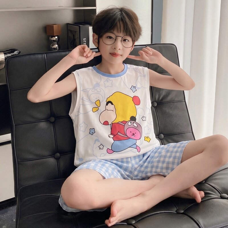 儿童睡衣夏季背心套装无袖莫代尔薄款6-12岁男童卡通中大童家居服