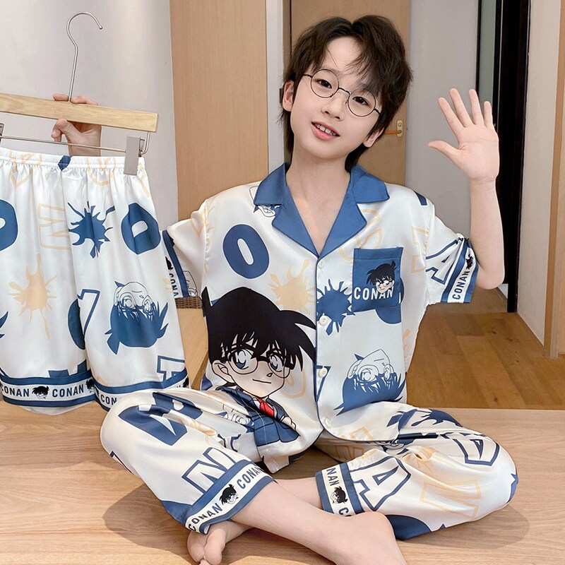 夏季冰丝男童睡衣凉感短袖儿童空调服柯南中大童三件套家居服套装