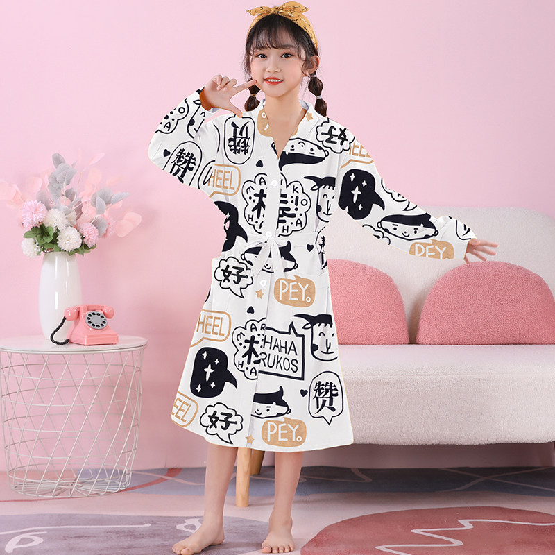 女童睡袍长袖春秋夏款精梳棉儿童浴袍薄款睡衣休闲女中大童家居服