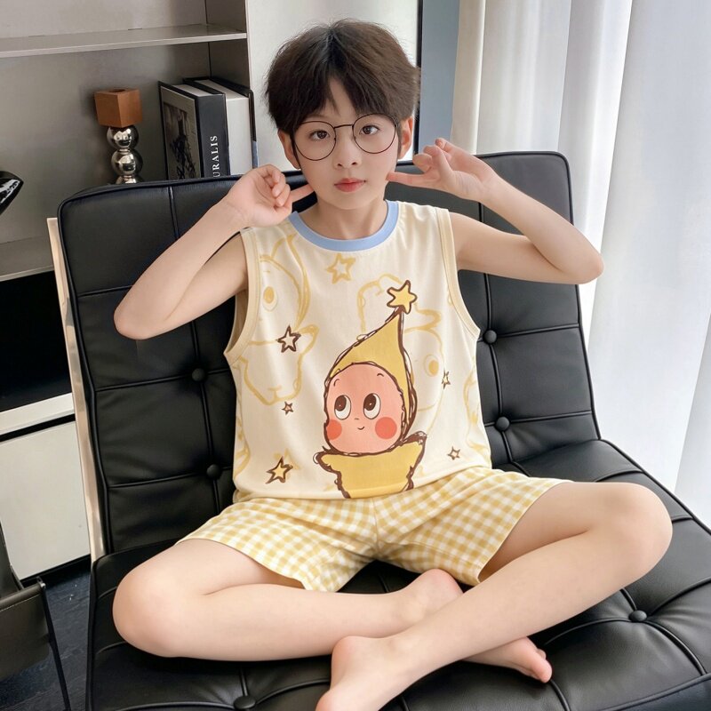 儿童睡衣夏季背心套装无袖莫代尔空调服薄款男童卡通中大童家居服