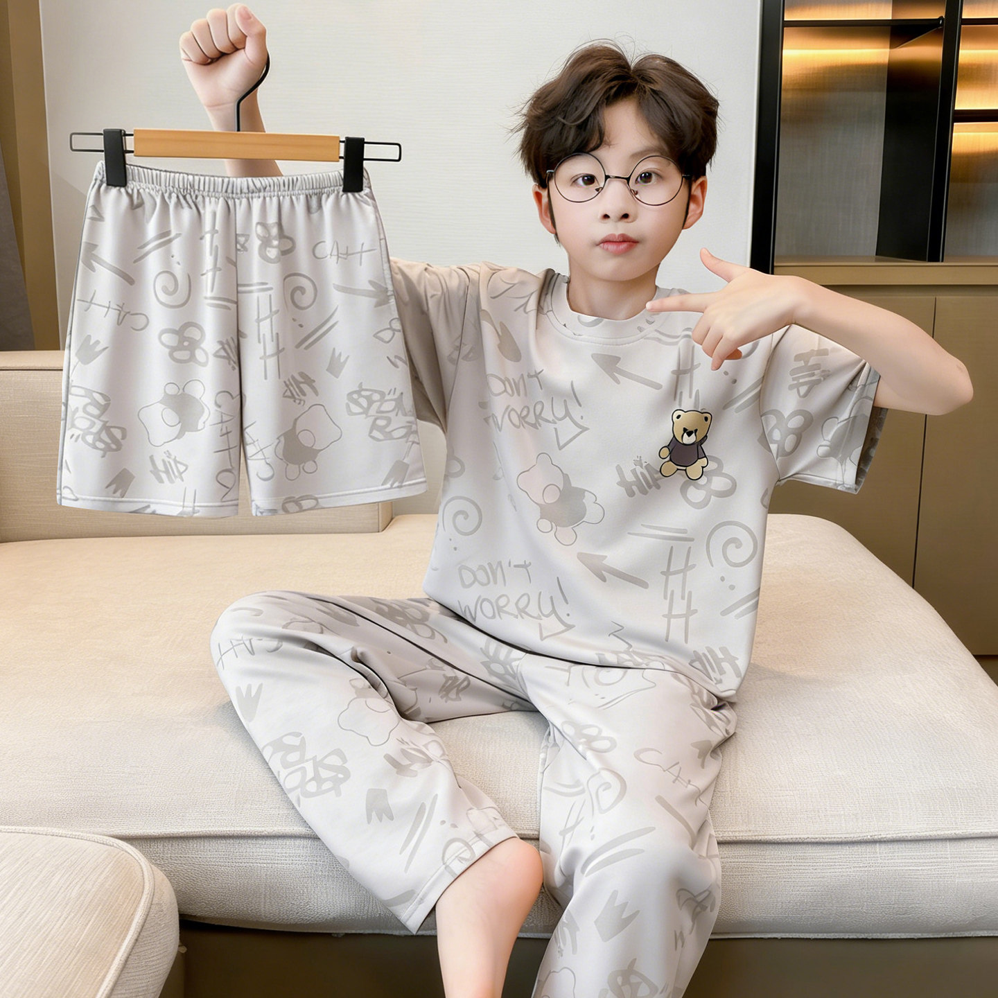 儿童新款睡衣夏季款男童短袖纯棉薄款三件套小熊中大童家居服套装