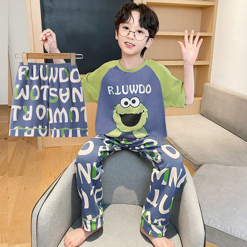 儿童睡衣男童短袖长裤卡通新款夏季款纯棉三件套中大童家居服套装