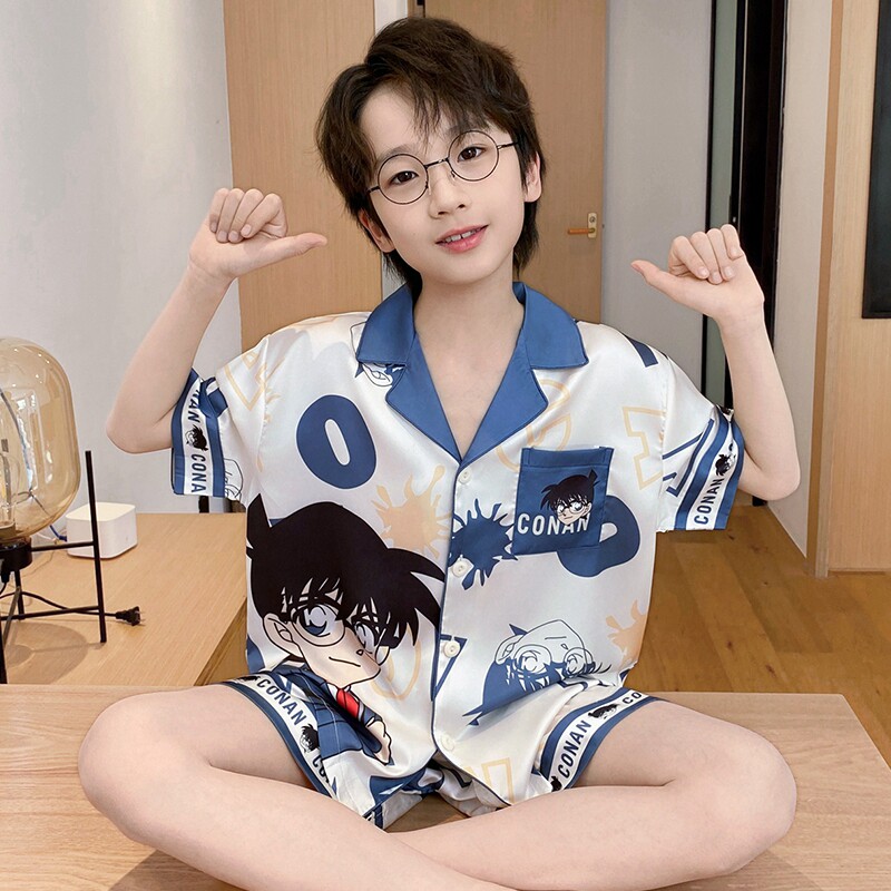 儿童睡衣男童夏季冰丝凉感短袖薄款男孩空调家居服柯南中大童套装