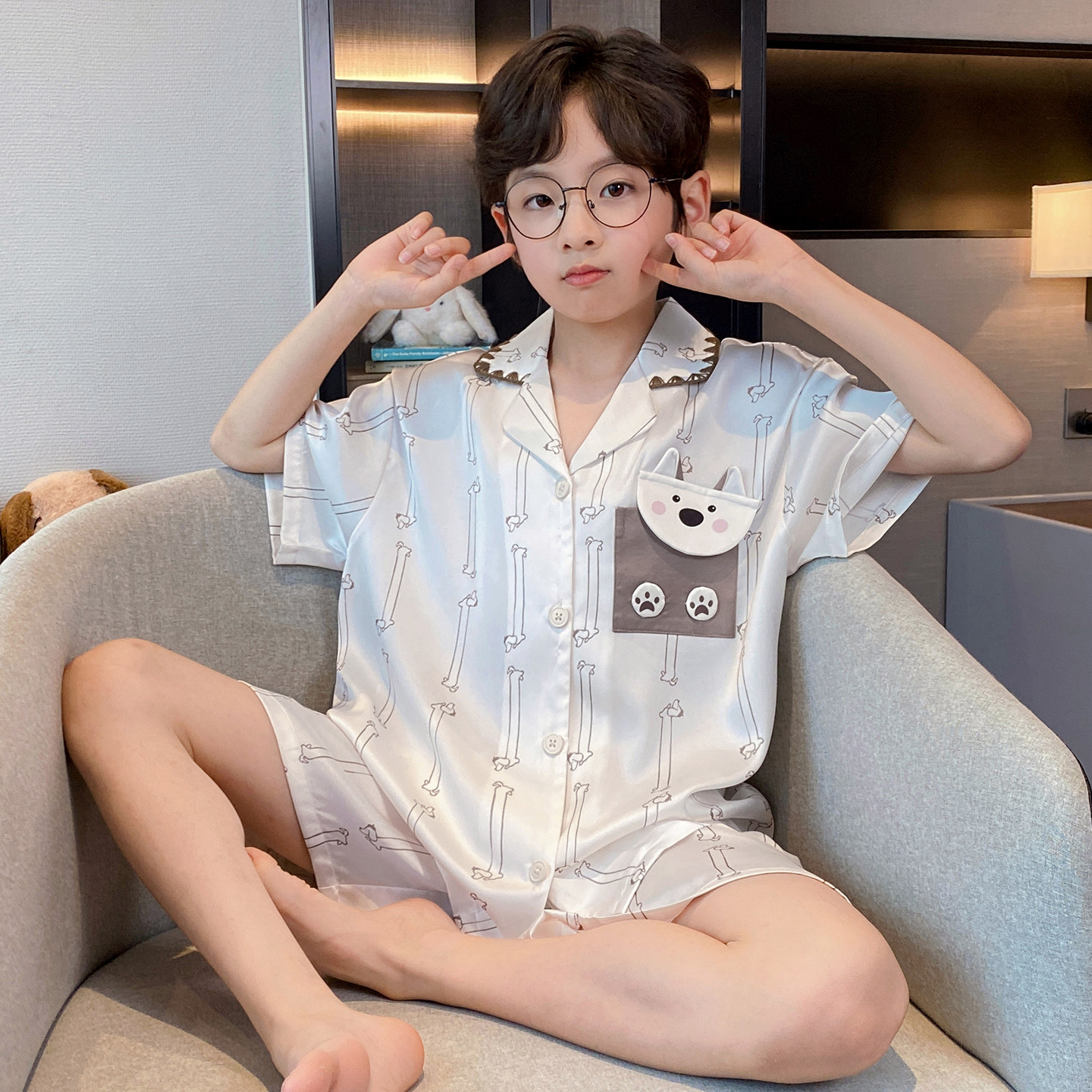 男童夏季新款睡衣儿童冰丝2026空调服短袖中大童6-12岁家居服套装