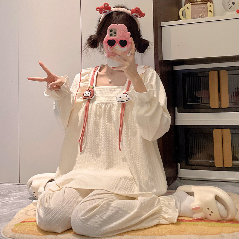 2026春秋季新款女童睡衣纯棉长袖初中生女孩宫廷风可爱家居服套装