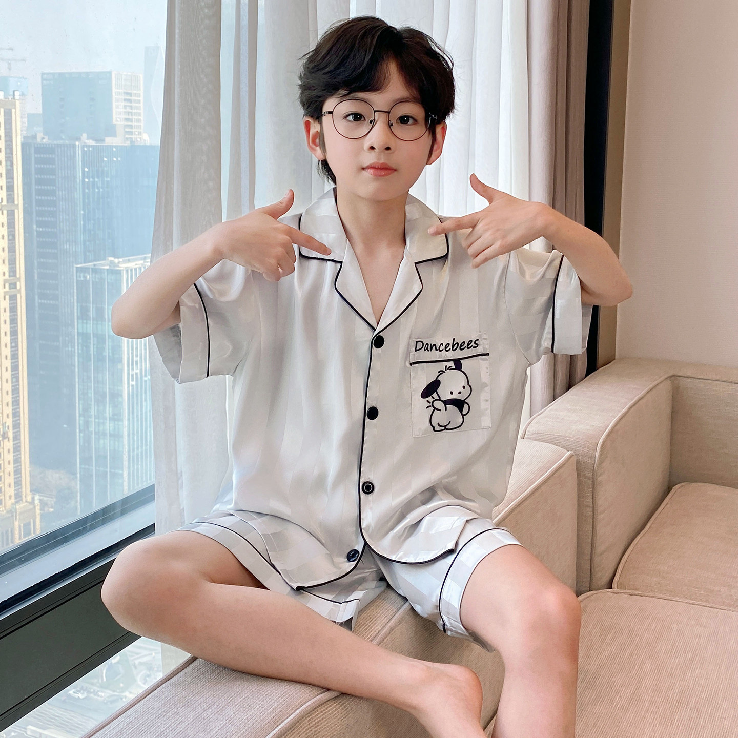 儿童冰丝凉感睡衣男童夏季款翻领短袖开衫中大童6-12岁家居服套装