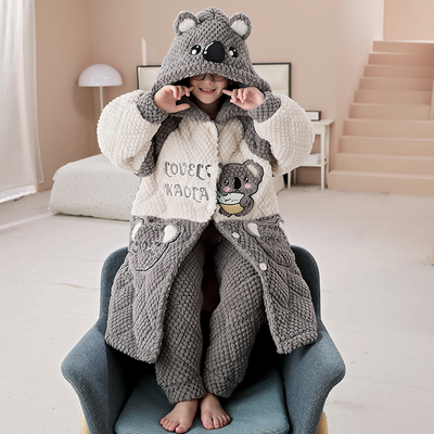 男童睡衣冬季三层夹棉加厚珊瑚绒可外穿中长款家居服套装可爱睡袍