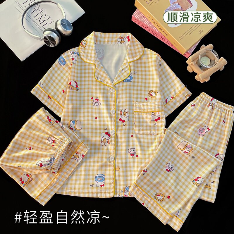 2026新款女童睡衣夏季冰丝短袖三件套6-12岁卡通中大童家居服套装