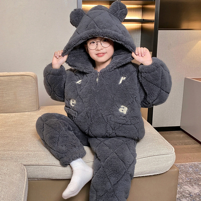 男童睡衣可外穿冬季加厚三层夹棉新款中大童珊瑚绒男孩家居服套装