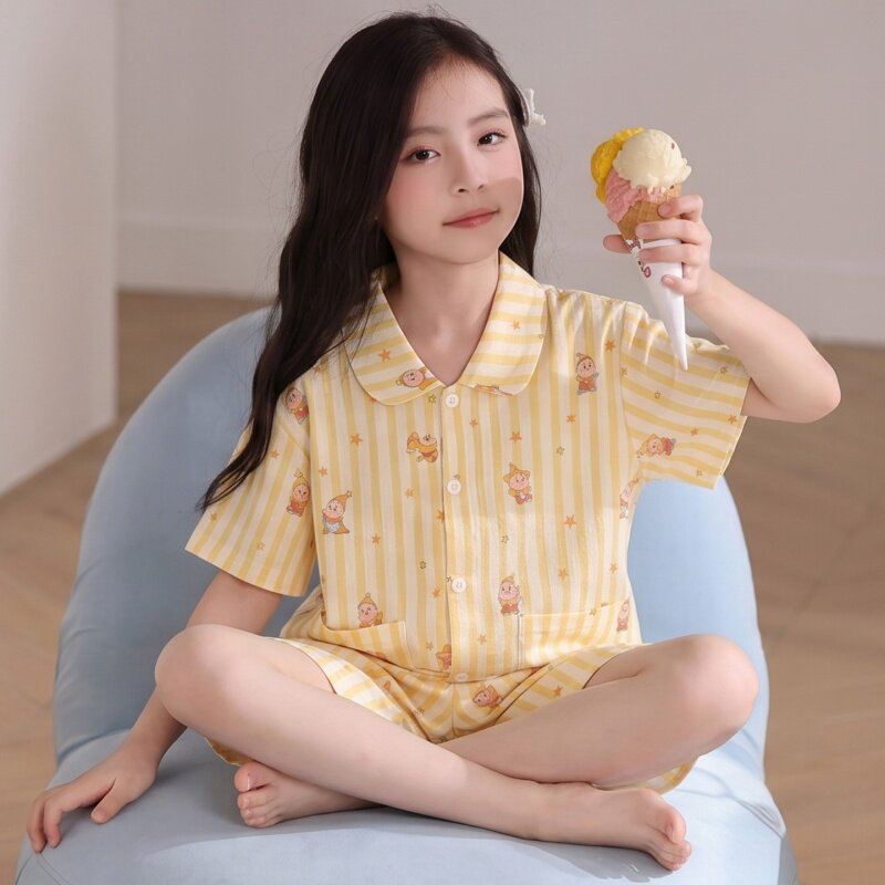 2026夏季新款女童睡衣纯棉短袖薄款棉纱中大童公主女孩家居服套装