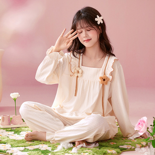 春秋季新款女童睡衣宫廷风纯棉长袖中大童女孩休闲家居服套装2026