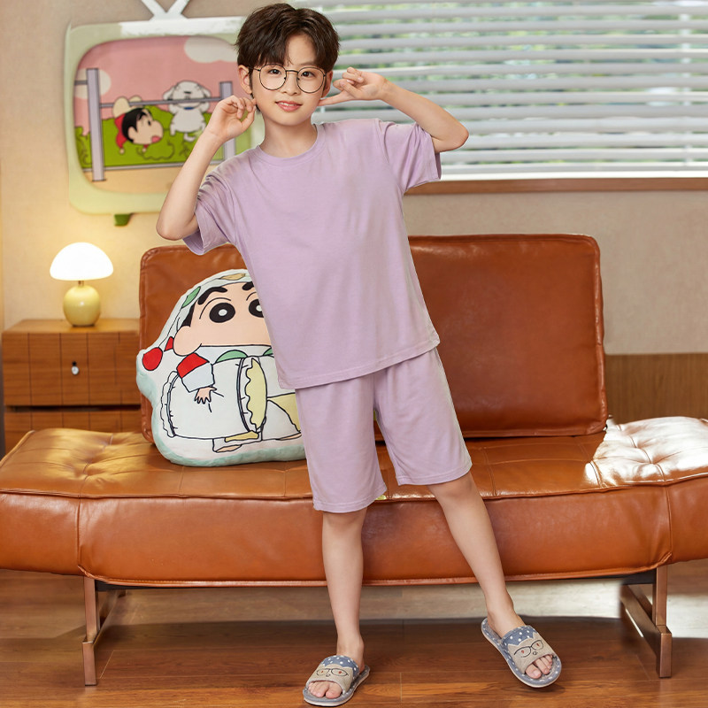 新款儿童睡衣夏季男童莫代尔短袖五分裤纯色家居服中大童男孩套装