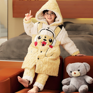 男童睡衣冬季加厚儿童珊瑚绒三层夹棉可外穿男孩中长款家居服睡袍