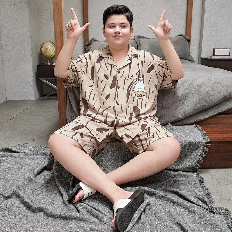 夏季胖童男孩加大码睡衣纯棉短袖青少年开衫套装中大童卡通家居服