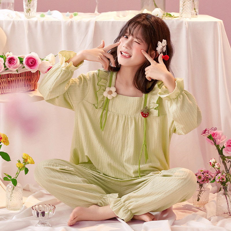 2026春秋季新款女童睡衣宫廷风纯棉长袖女中大童6-12岁家居服套装