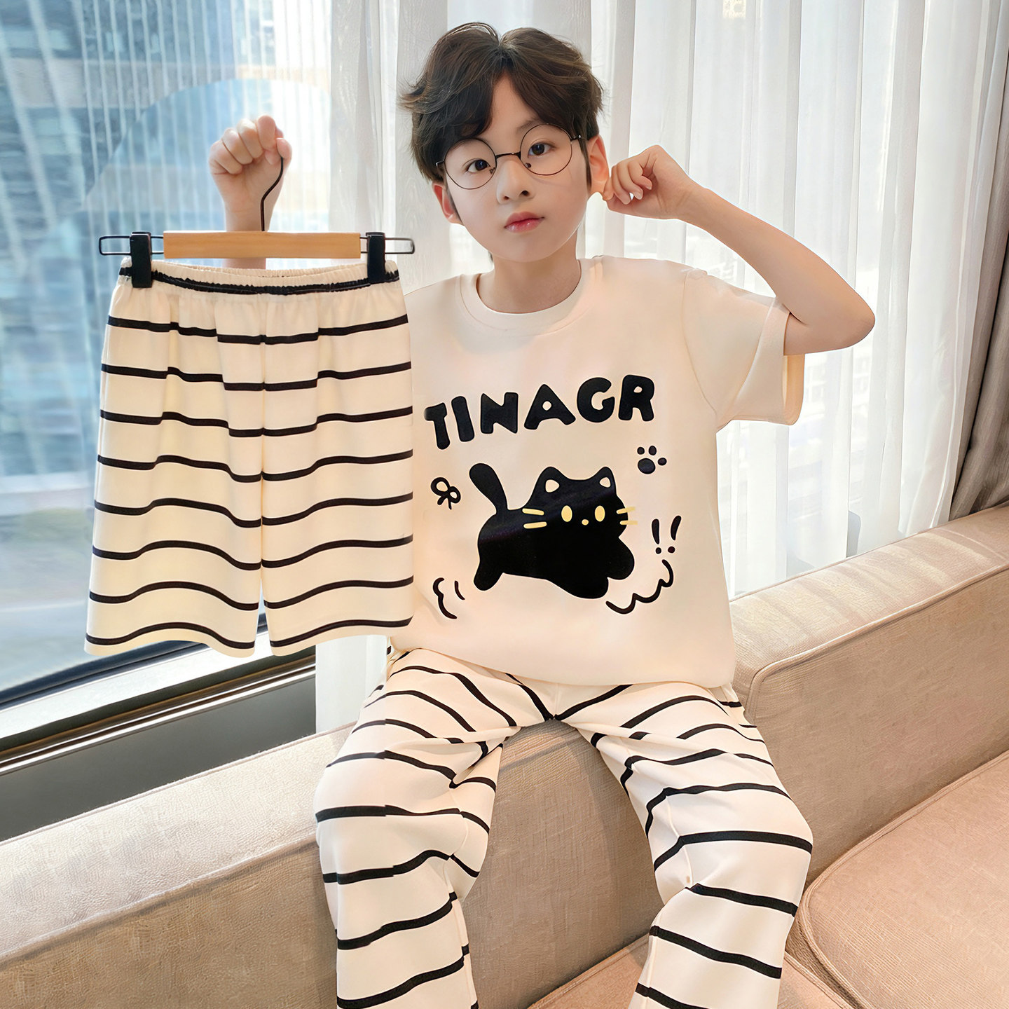 纯棉薄款三件套睡衣夏季款男童短袖可爱儿童新款中大童家居服套装